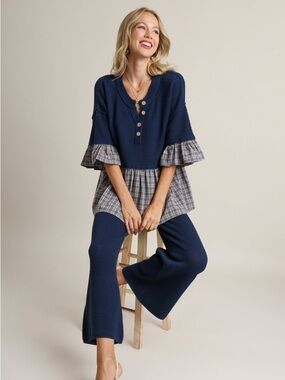 Umgee Navy Waffle-Knit Ruffled Hem Blouse with Plaid Trim